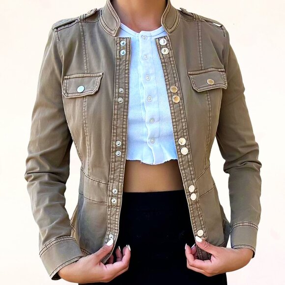 Vintage White House Black Market Double Snap Front Military Khaki Jacket Size 18 - Picture 1 of 16